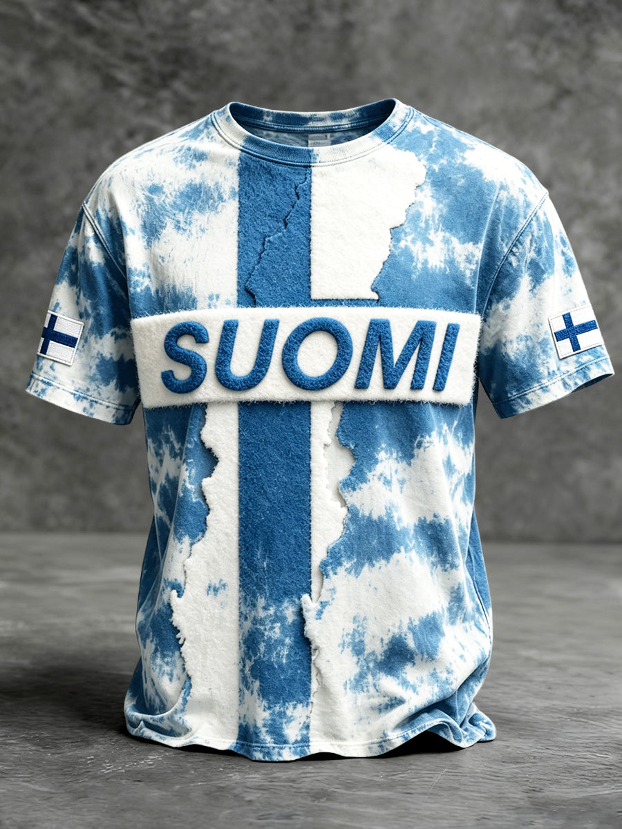 Herrblå finsk "Suomi" Vintage Print Casual T-shirt
