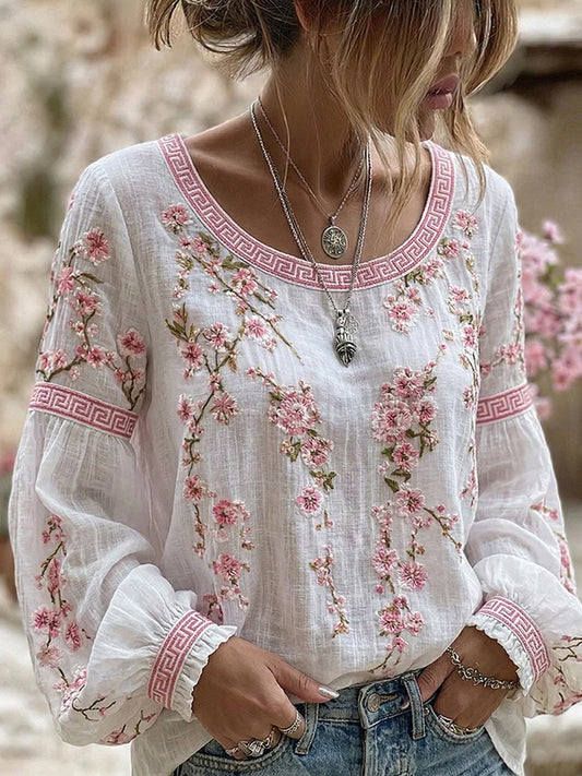 Kvinnors Vintage-stil Casual bomull-Linen topp med broderad blomster och tryckt lappark