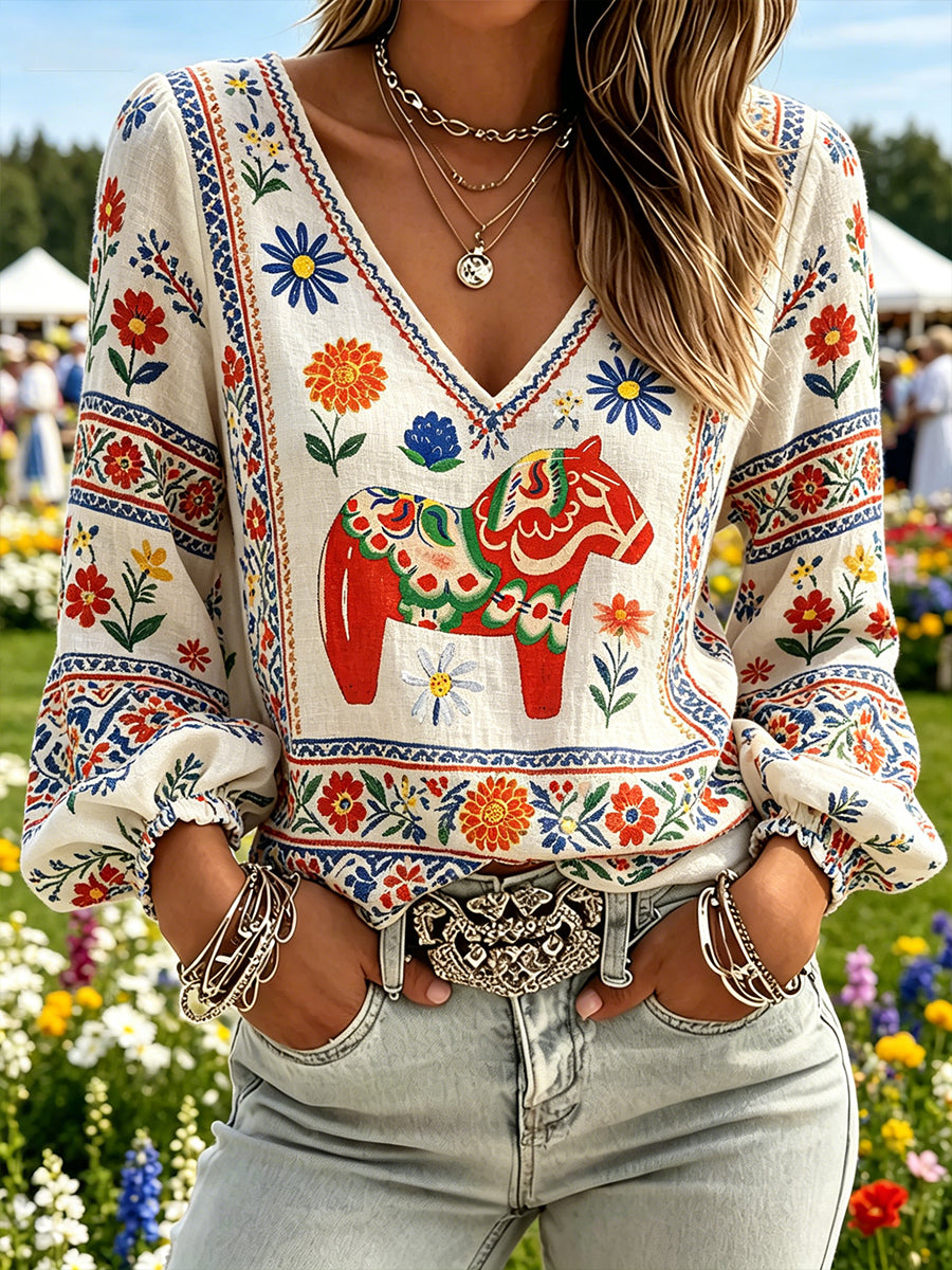 Kvinnors midsommar Festival Temade Etnisk Pastoral Style Tryckt V-hals Puff ärm topp