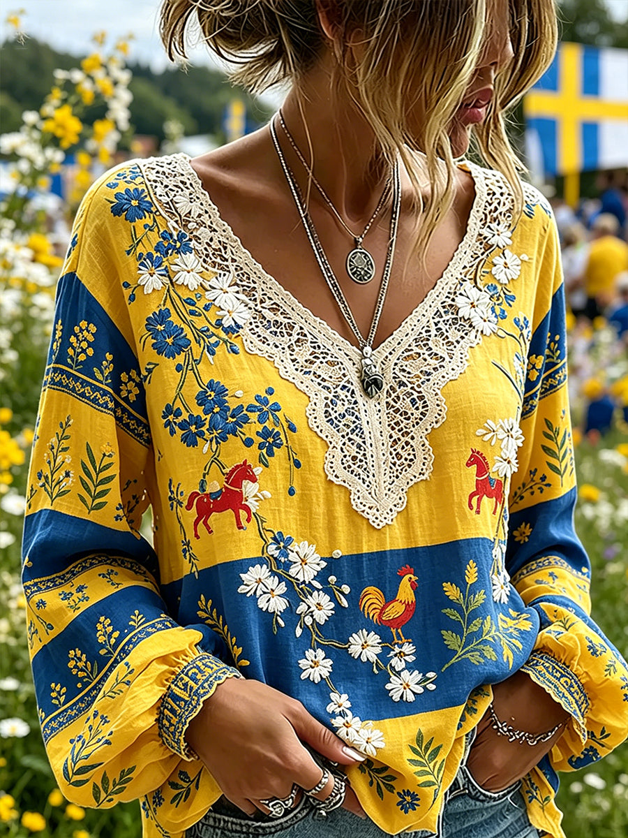 Damer Midsommarfest Tema Etnisk Lantlig Stil Tryckt V-ringning Puffärmar Topp