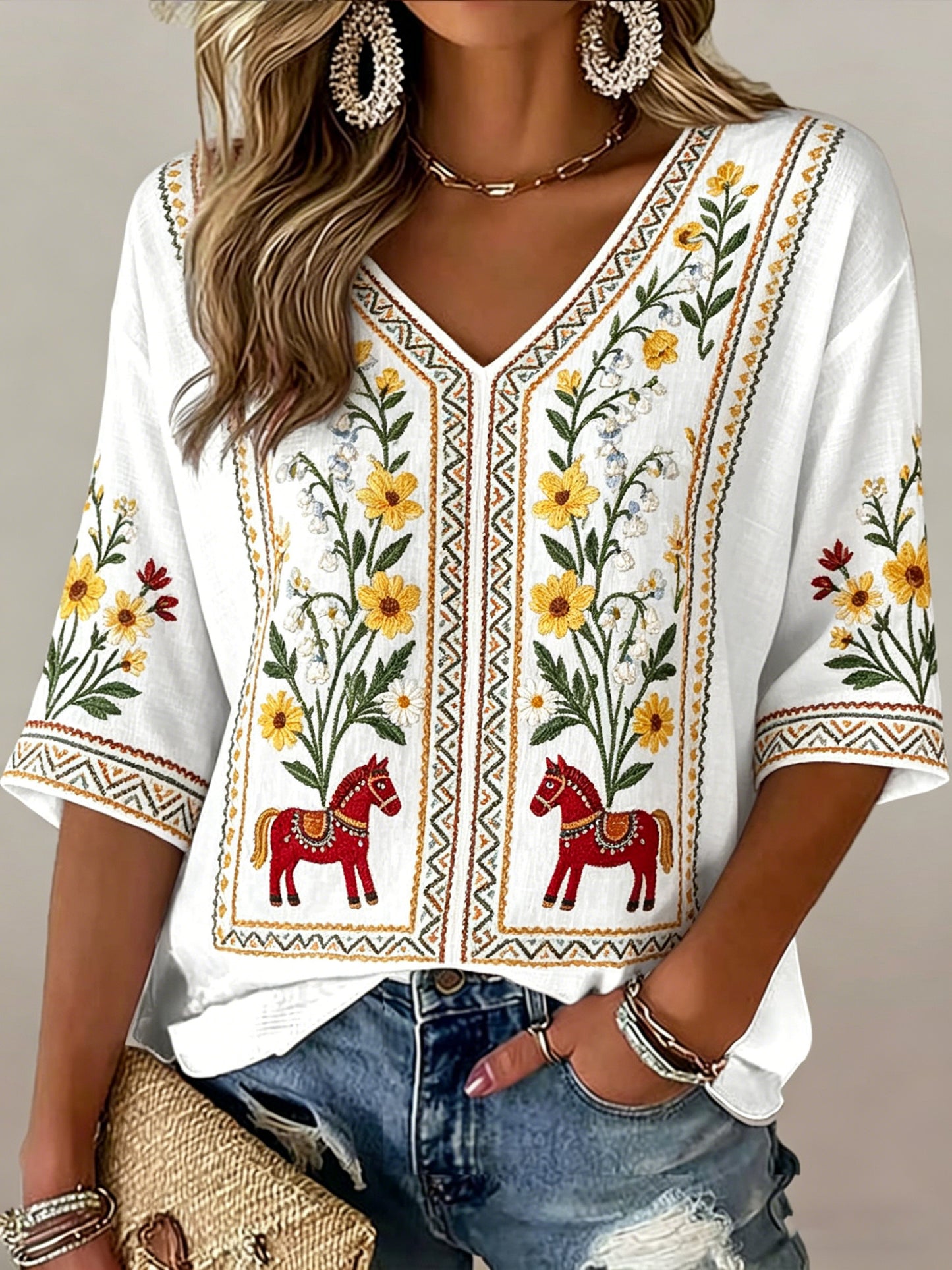 Damer Svensk midsommarfest minnesartprint T-shirt med V-ringning