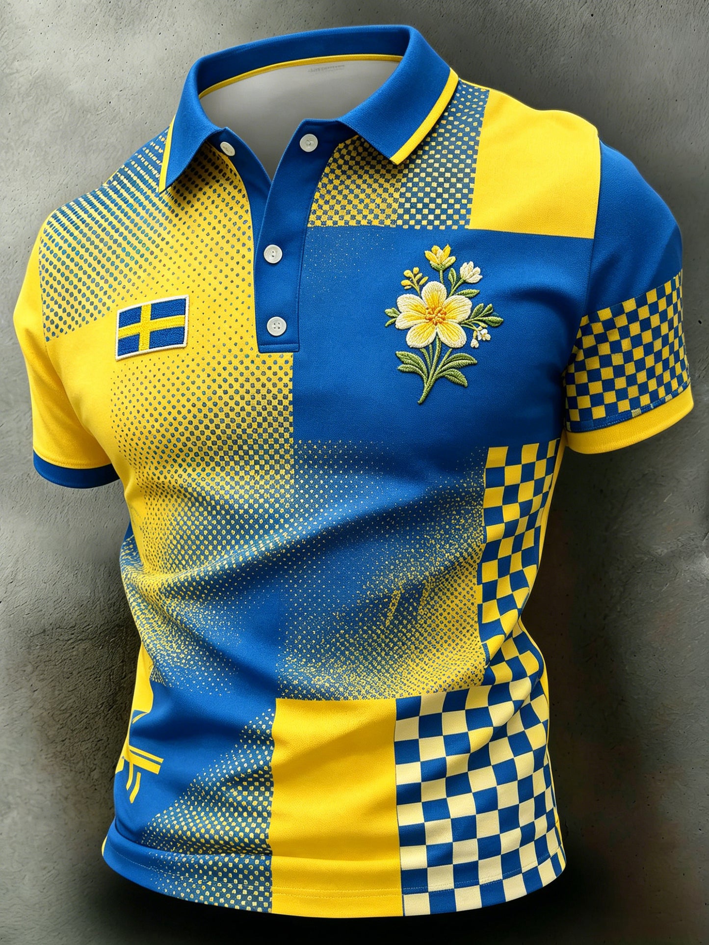 Herrpolotröja med konsttryck som hyllar den svenska midsommarfesten