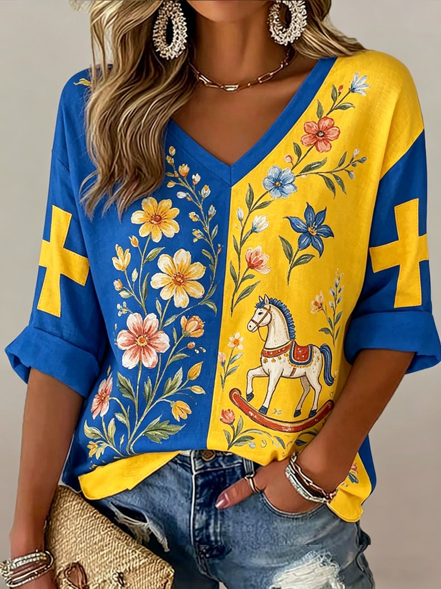 Damer Svensk midsommarfest minnesartprint T-shirt med V-ringning