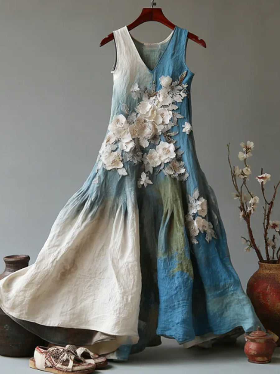 Kvinnors Vintage Japansk blomsterkonst Gradient Casual Lin ärmlös klänning