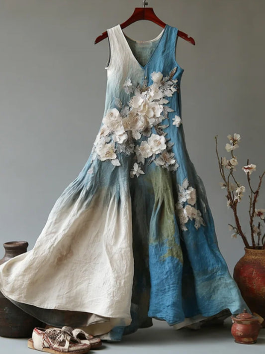 Kvinner Vintage Japansk blomsterkunst Gradient Casual Lin Ermeløs Kjole