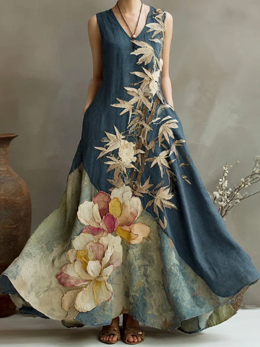 Kvinnors Vintage blommor och bambu konst Skriv ut lin klänning