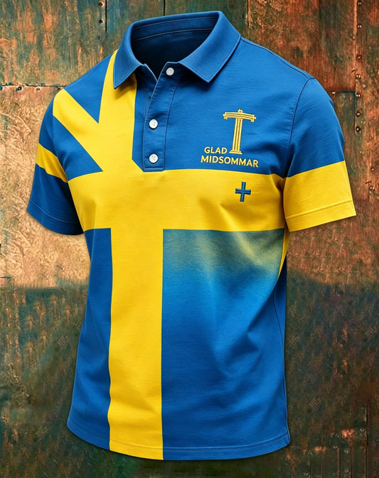 Retro svensk midtsommertrykk avslappet piké med korte ermer