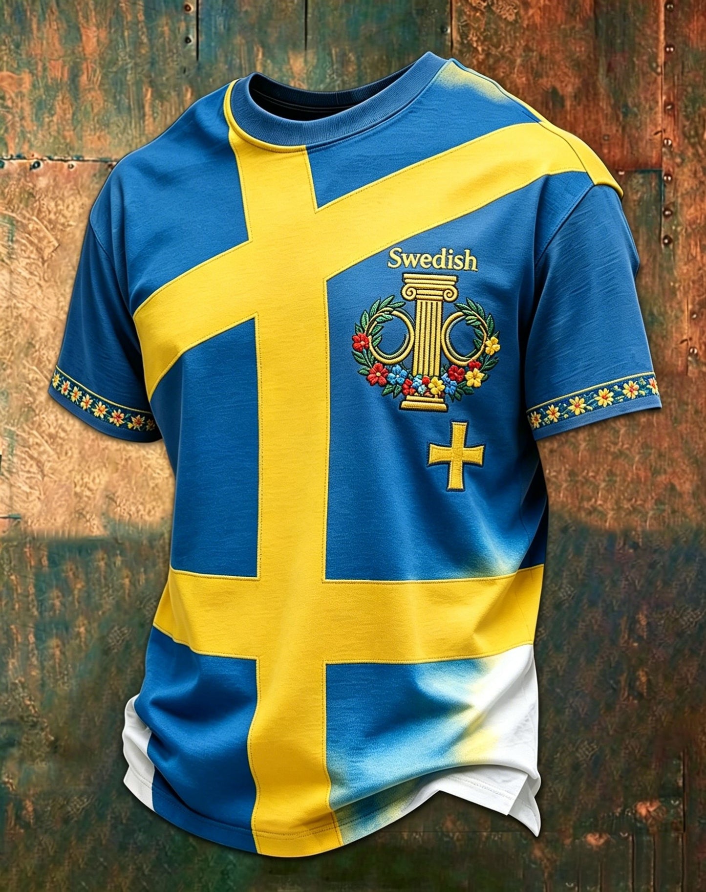 Retro svensk midsommartryck avslappnad t-shirt med korta ärmarna