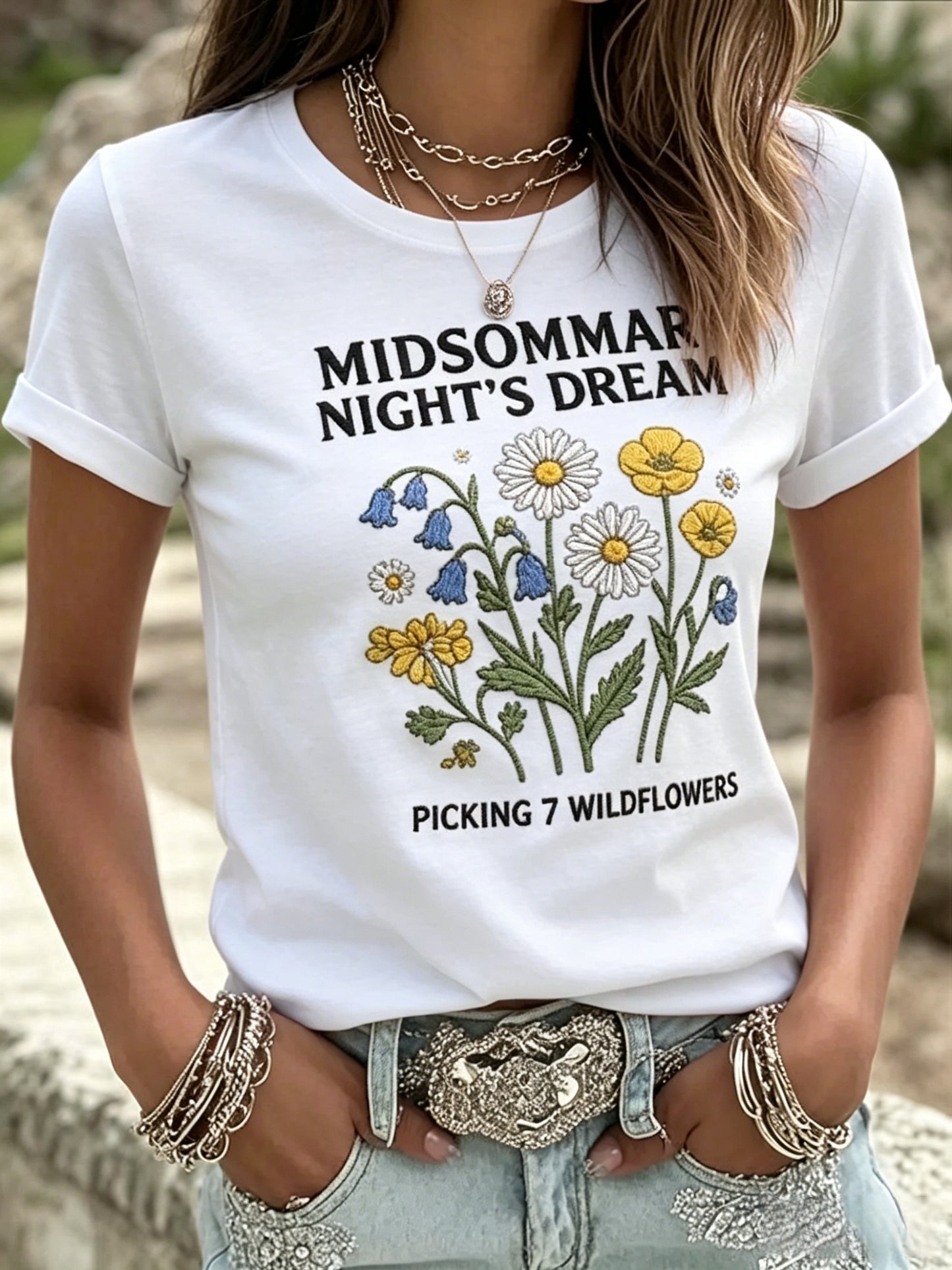 Retro svensk midsommartryck avslappnad t-shirt med korta ärmarna