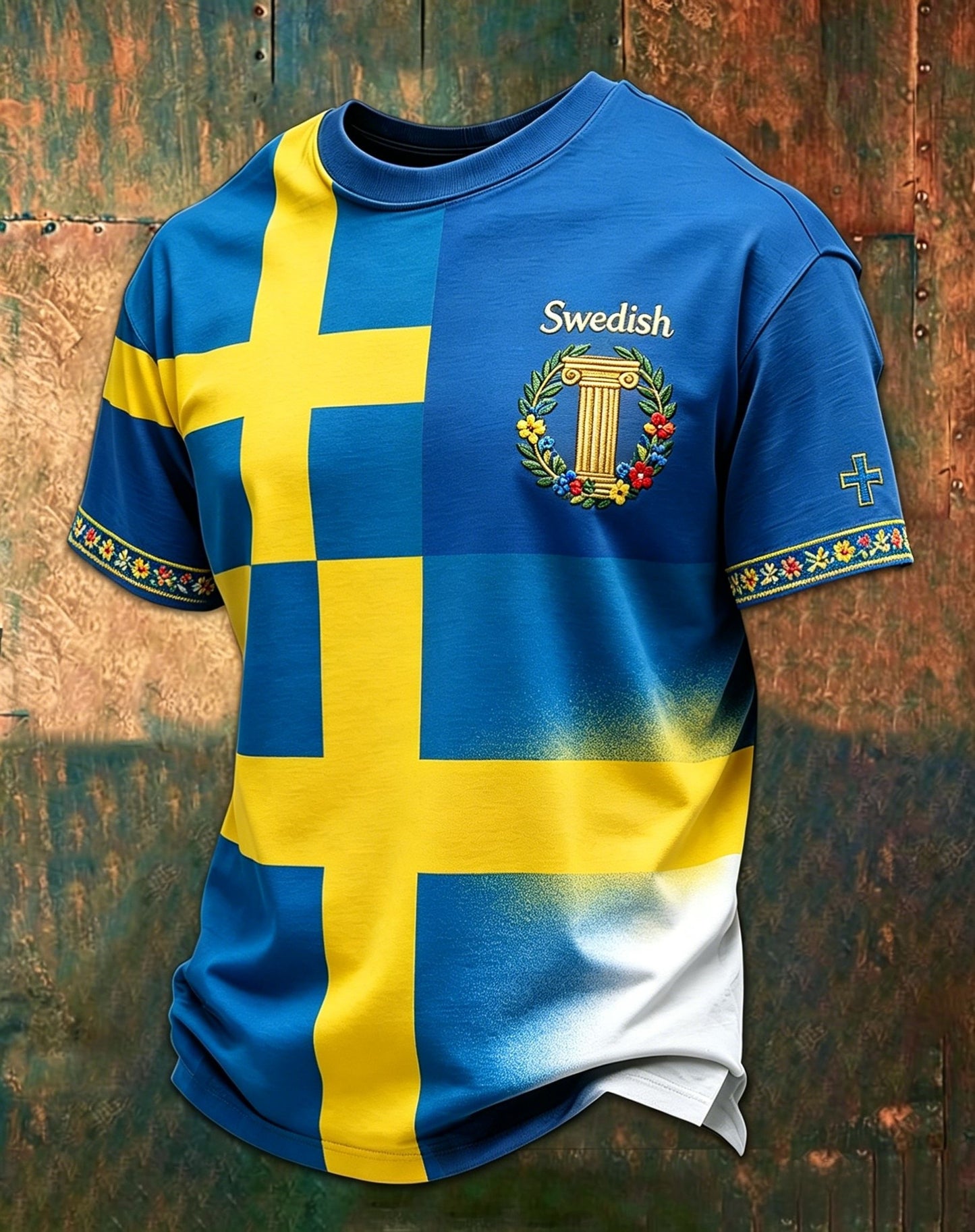Retro svensk midsommartryck avslappnad t-shirt med korta ärmarna