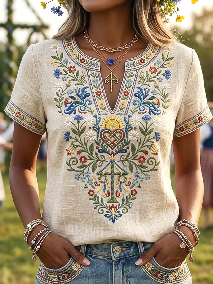 Damer Retro Svensk Midsommar Blommigt Konst V-Neck T-Shirt