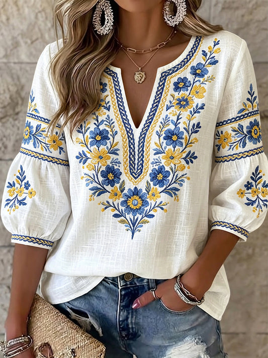 Dame vintage svensk midtsommerblomstret kunst V-hals topp