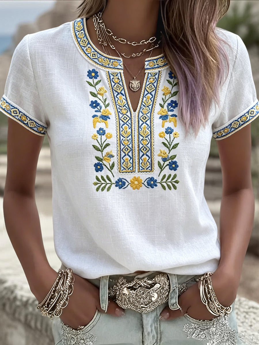 Dams retro svensk midsommarblommig t-shirt med v-ringning
