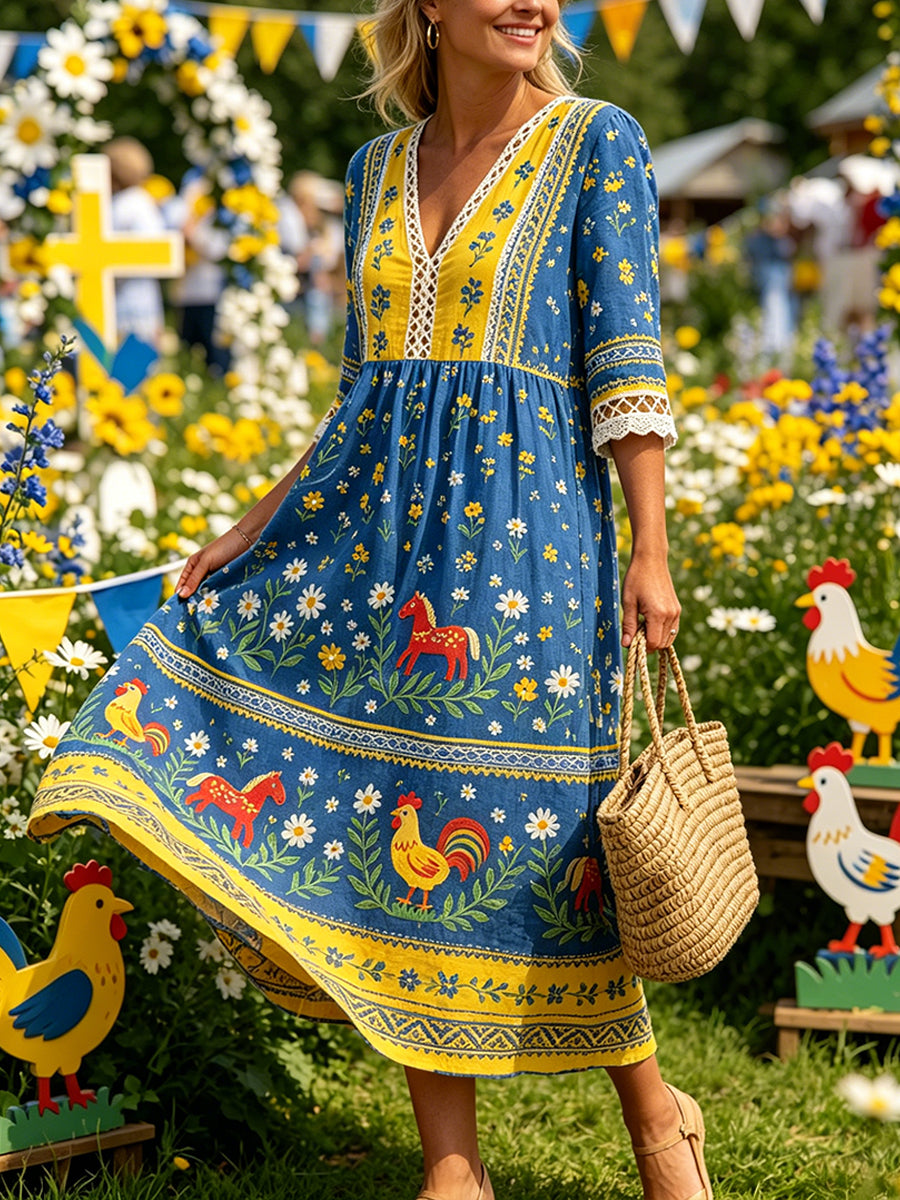 Kvinnlig ledig klänning med tryck på temat midsommarfest