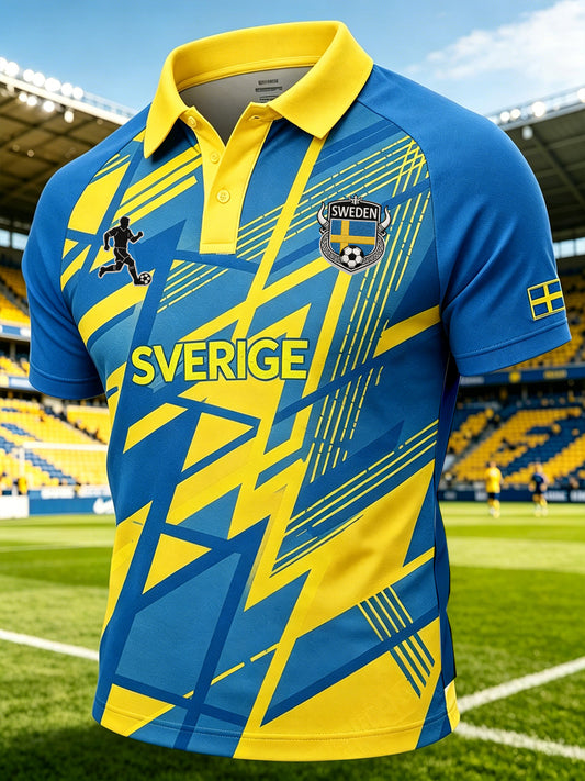 Herrepolo i sporty stil med raglanerme og fotballelementer