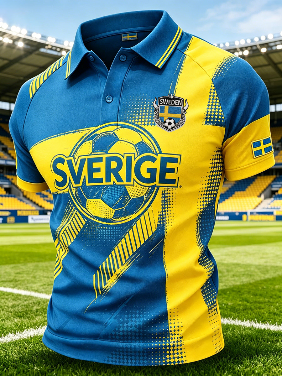 Herrpolotröja i sportig stil med raglanärm och fotbollselement