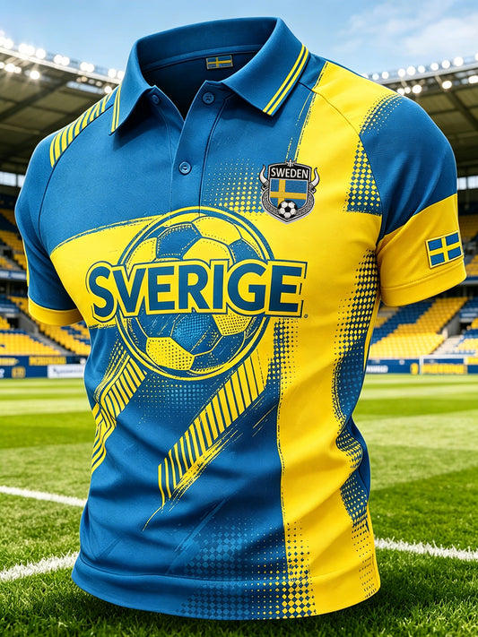 Herrepolo i sporty stil med raglanerme og fotballelementer