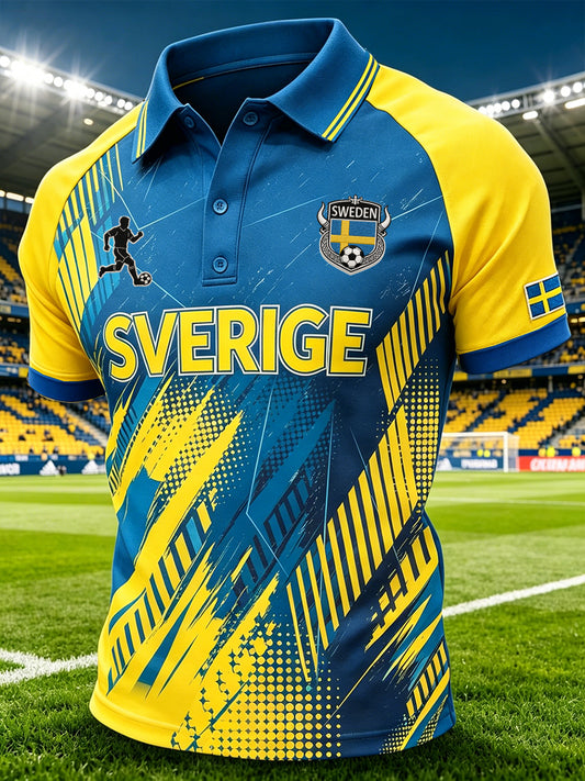 Herrepolo i sporty stil med raglanerme og fotballelementer