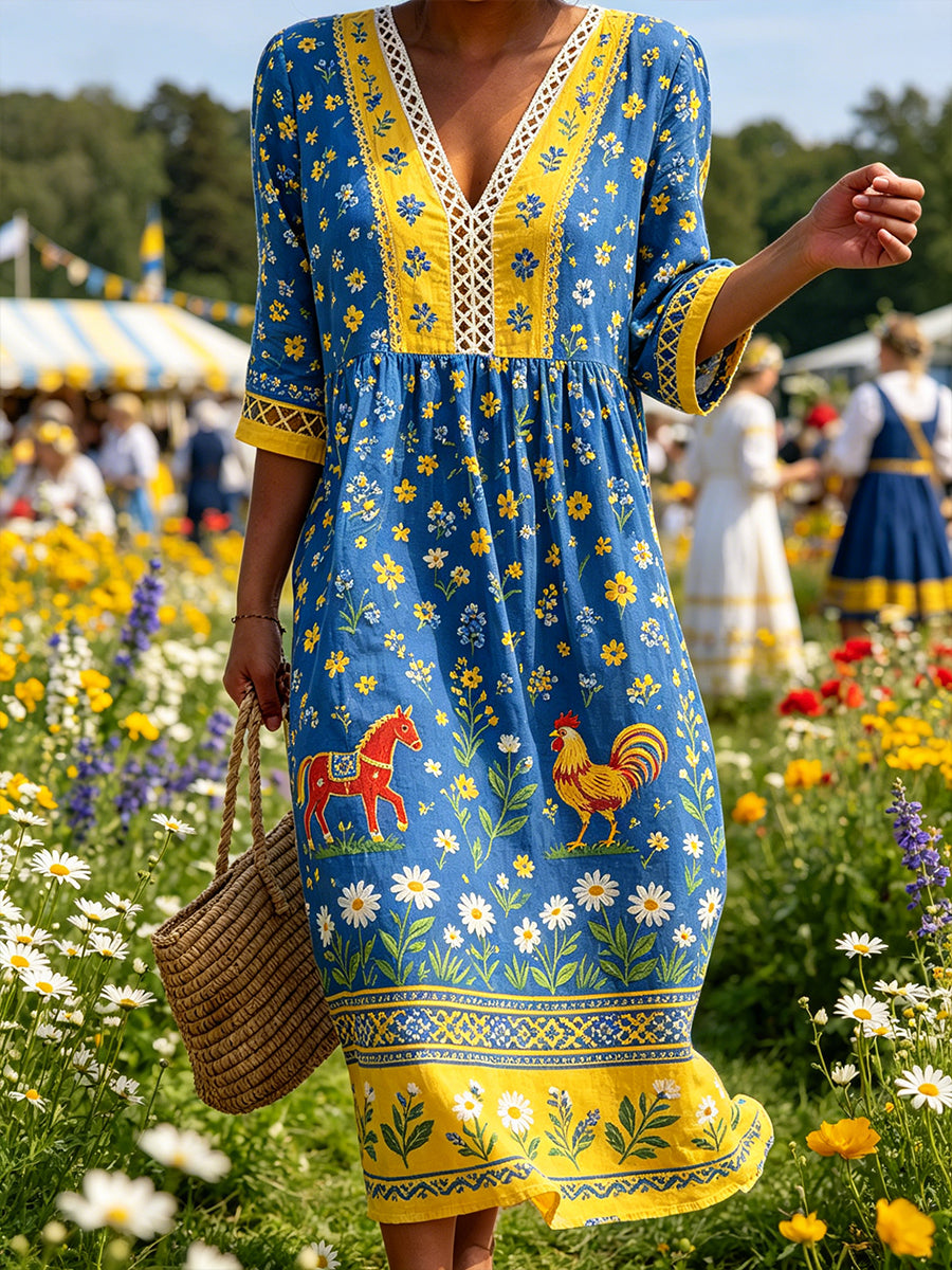 Kvinnor midsommar-stil V-hals klänning med etnisk print