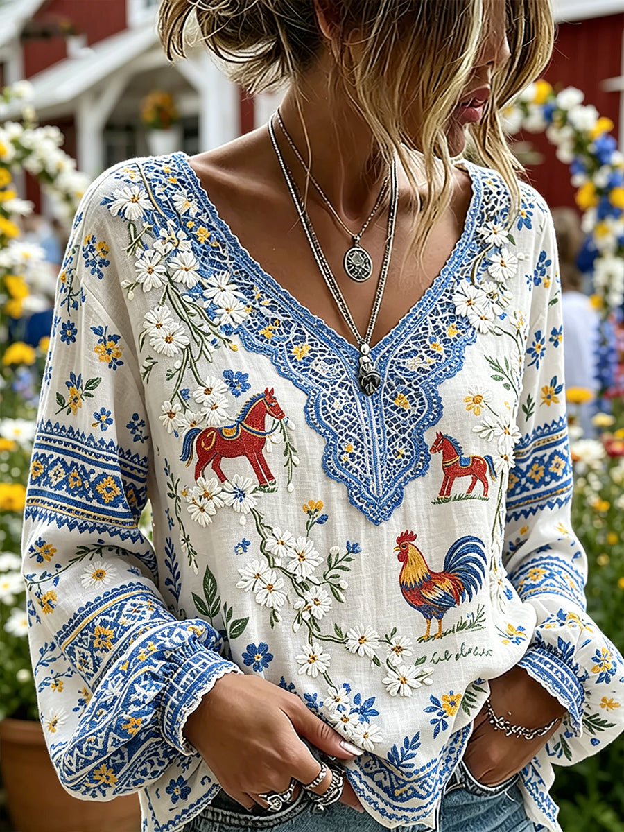 Kvinnors midsommar-stil etnisk tryck V-hals Puff-ärm topp