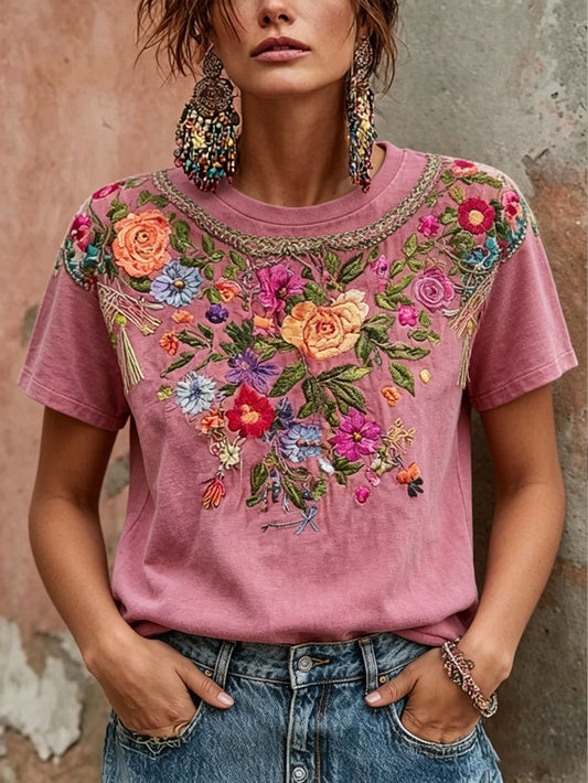 Dame-T-skjorte med rosa blomstermotiv for brystkreftbevissthet