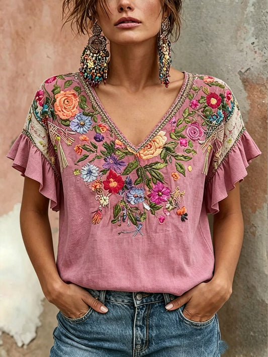 Dame-T-skjorte med rosa blomstermotiv for brystkreftbevissthet