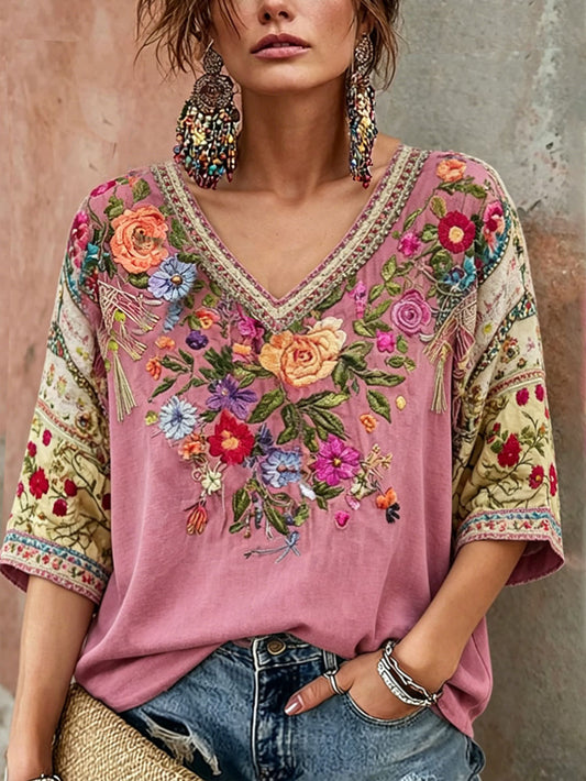 Dame-T-skjorte med rosa blomstermotiv for brystkreftbevissthet