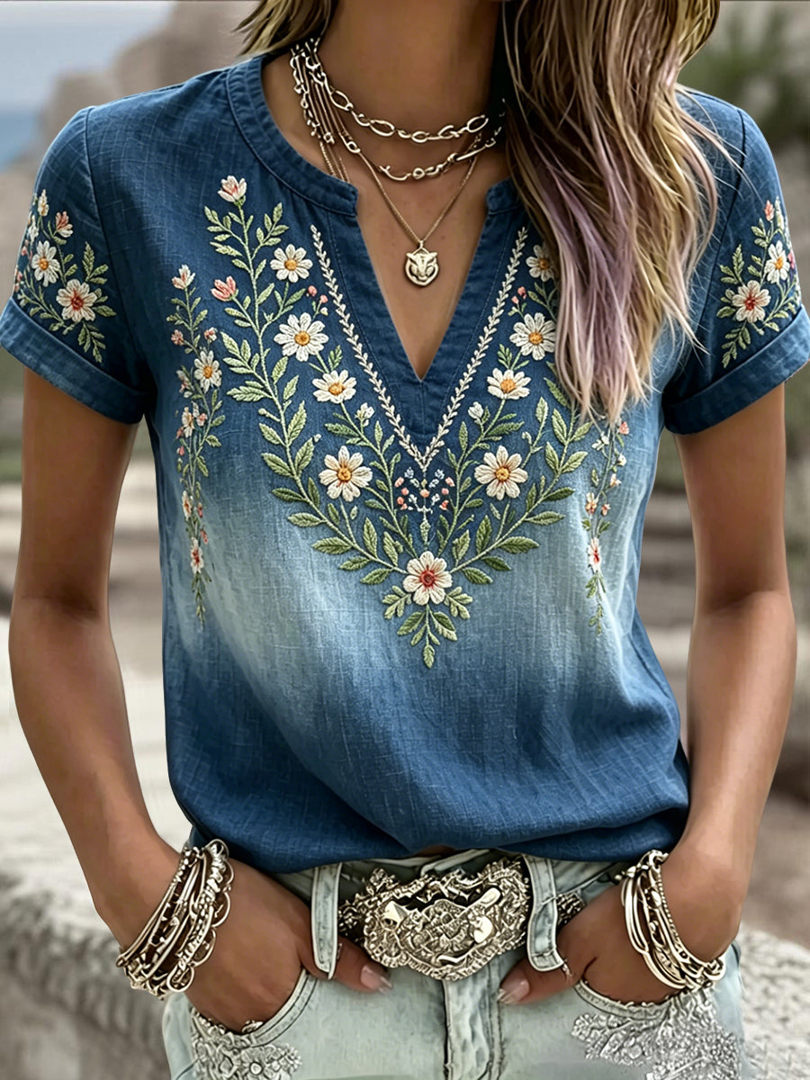 Dams retro svensk midsommar blommig graderad konst V-ringning T-shirt