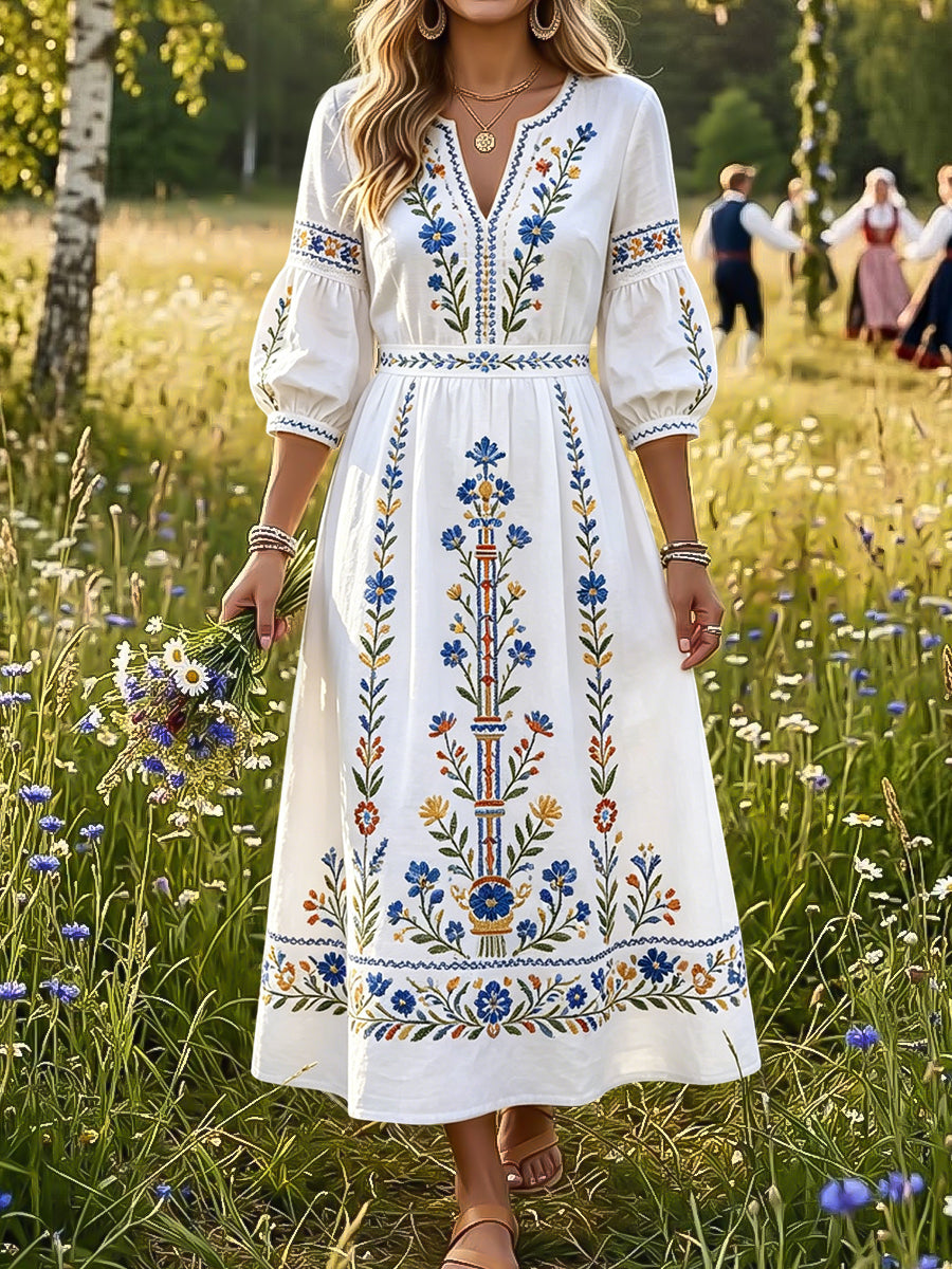 Dams Retro Svensk Midsommar Blommigt Konst V-Neck Klänning