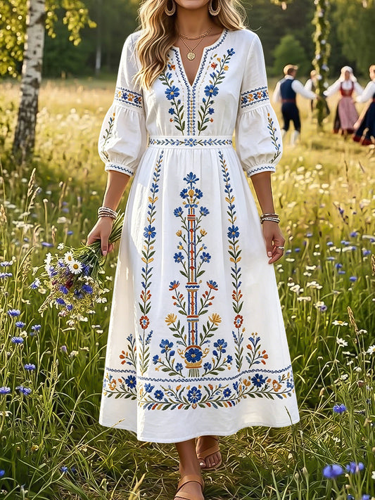 Dame Retro Svensk Midsommar Blomsterkunst V-Hals Kjole