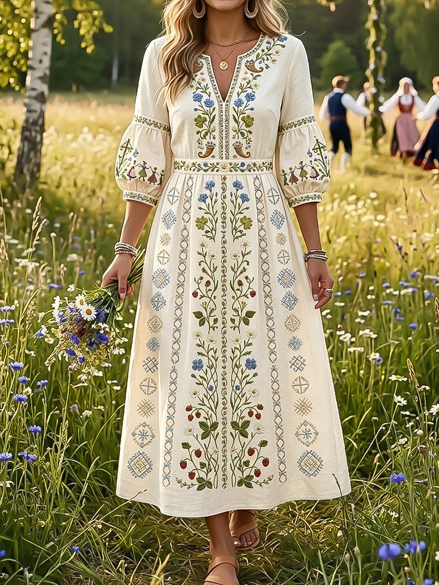 Dams vintage svensk midsommarblommig konst V-ringning klänning