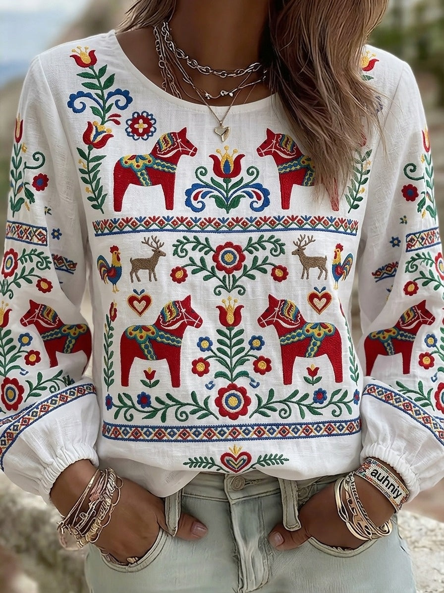 Dams retro svensk midsommarfolkstil blus i bomull-linne med blommönster