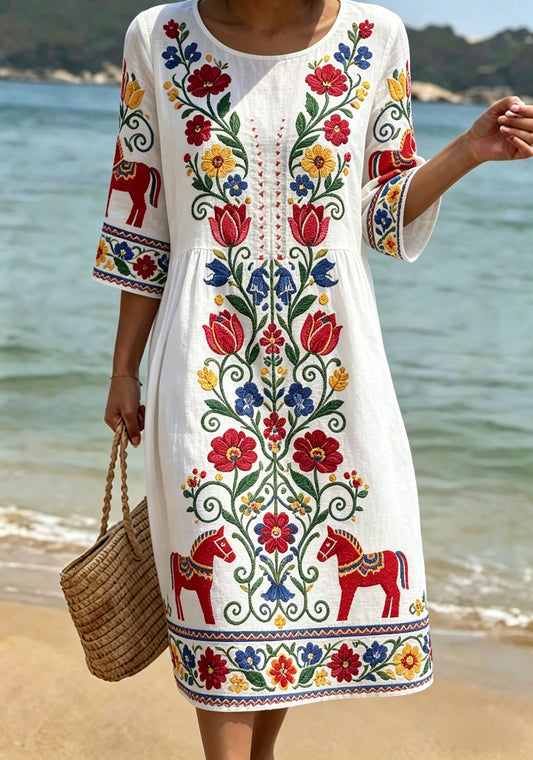 Kvinner Retro Svensk midsommer Folk Floral Mellomlang erme bomull-lin kjole