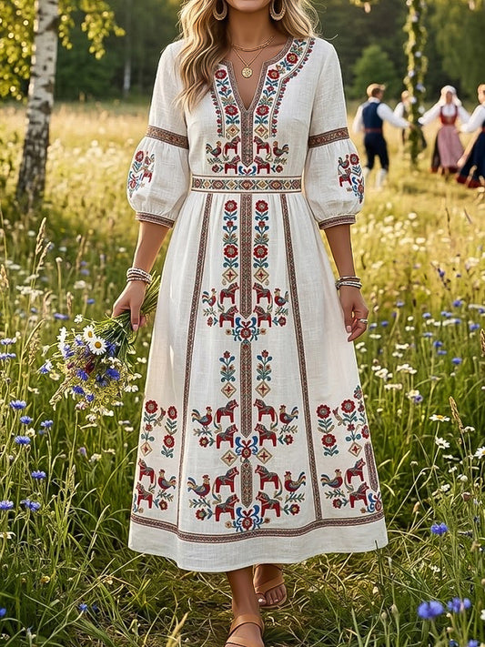 Dame retro svensk midtsommerblomstret kjole med v-hals