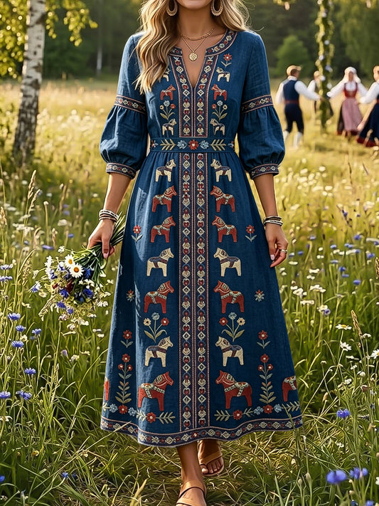 Retro svensk midtsommerkarusell blomstret kunst V-halskjole til dame