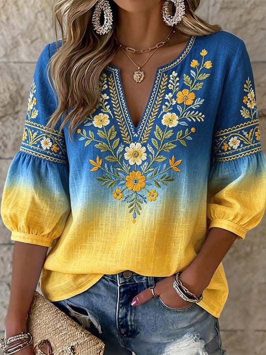 Damer retro svensk midtsommergradient blomster kunst-v-nøkkelhulltrøye