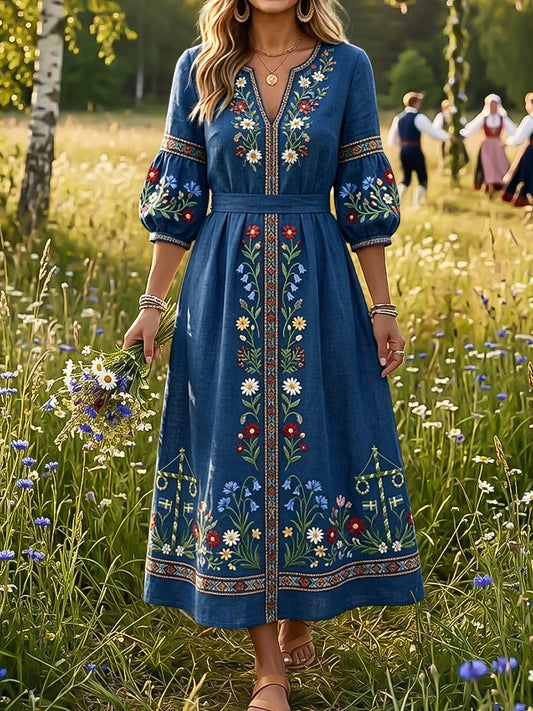 Dams Retro Svensk midsommarstång Blommigt konst V-ringning Klänning