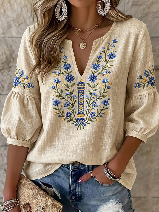 Dame vintage svensk midtsommerblomstret kunst V-hals bluse