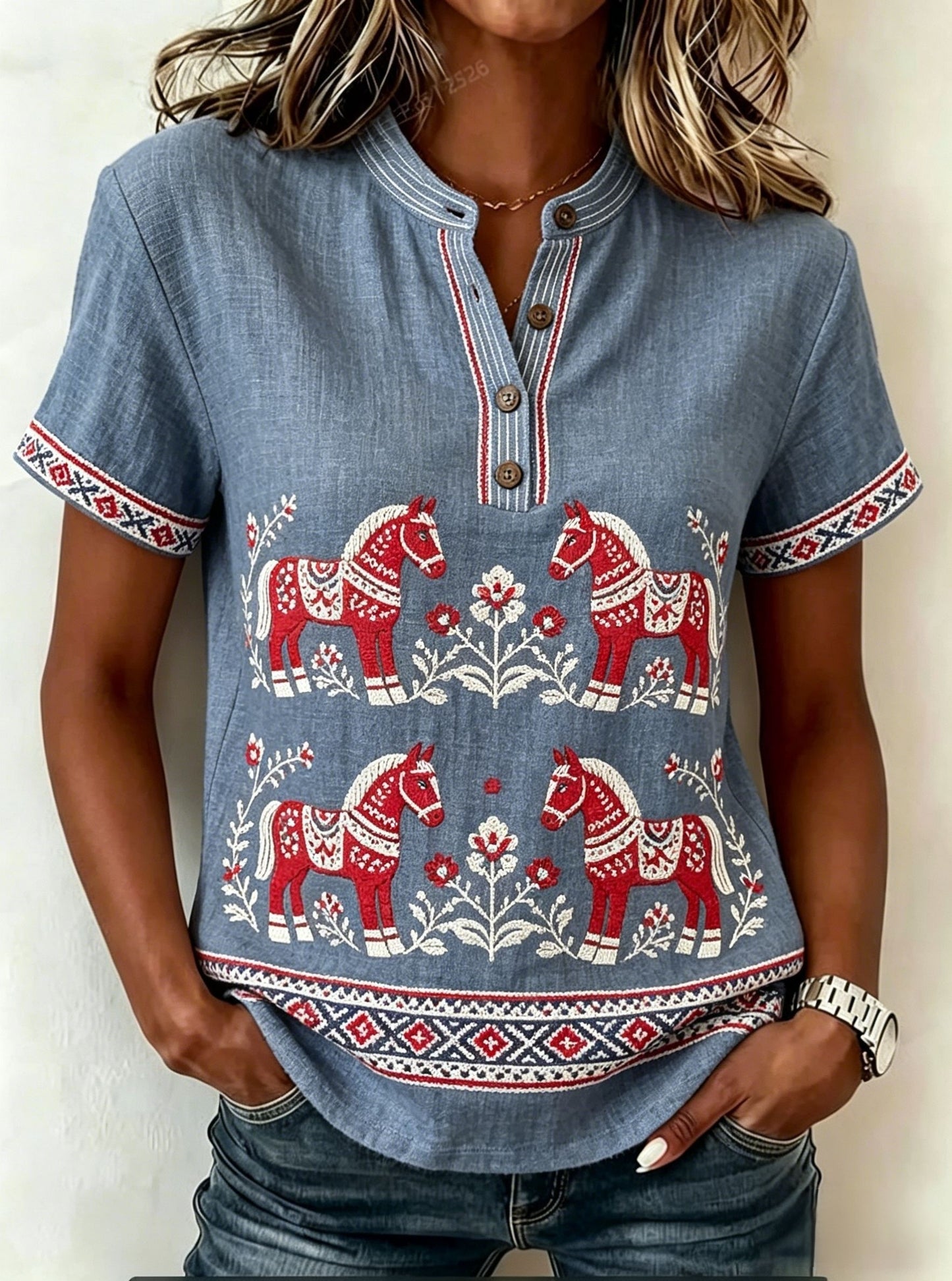 Kvinnor Retro Svenska midsommar Folk Floral Bomull-Linen T-shirta