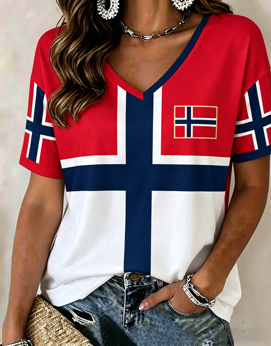 Dams T-shirt med konsttryck i norska flaggans färger