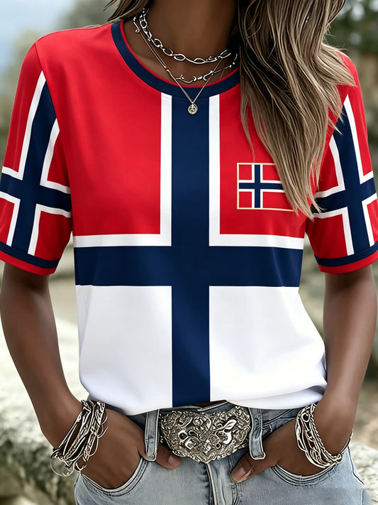 Dams T-shirt med konsttryck i norska flaggans färger