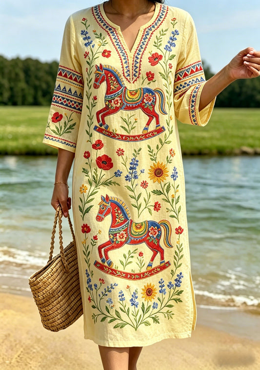 Dame retro svensk midtsommerfolkedrakt blomsterkjole i bomull-lin