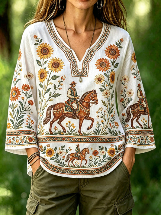 Damer retro svensk midtsommerfolkedrakt-bluse i bomull-lin med blomstermønster