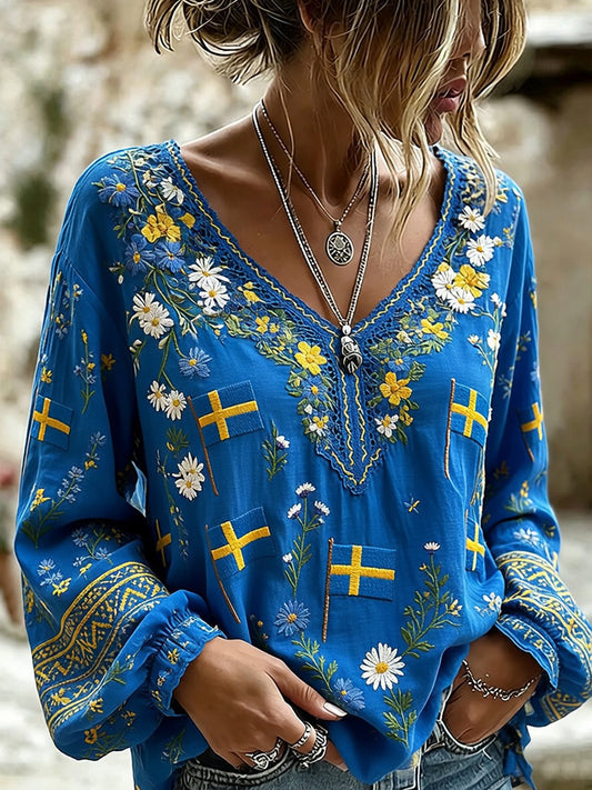 Retro Midtsommer-kunsttrykk Avslappet V-hals Komfortabel Topp i Bomull-Lin