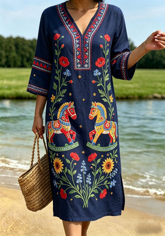 Dame retro svensk midtsommerfolkedrakt blomsterkjole i bomull-lin