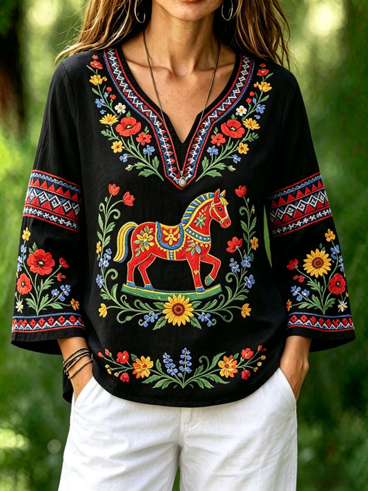 Damer retro svensk midtsommerfolkedrakt-bluse i bomull-lin med blomstermønster