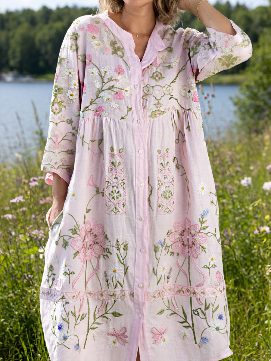 Damsvintage midsommarblommig konsttryckt ledig klänning i bomull-linntyg