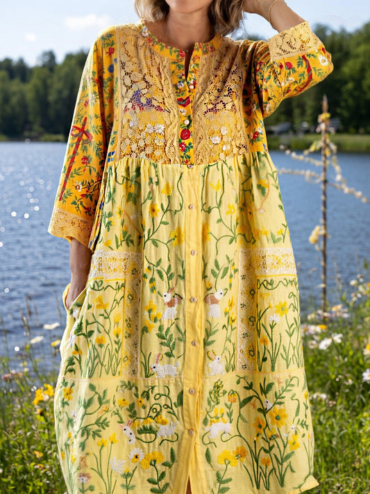 Damers vintage sommerblomstret kunsttrykt uformell kjole i bomull-lin