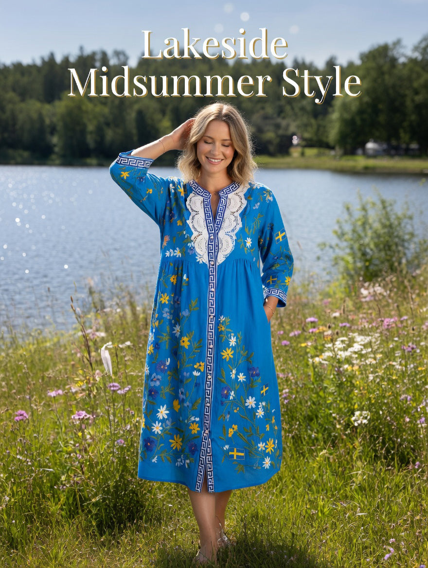 Damsvintage midsommarblommig konsttryckt ledig klänning i bomull-linntyg