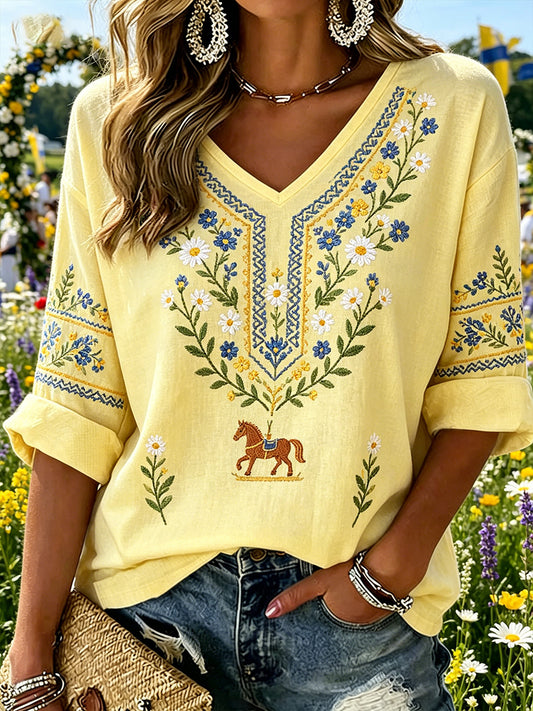 Kvinner midtsommer blomster brodert V-hals topp